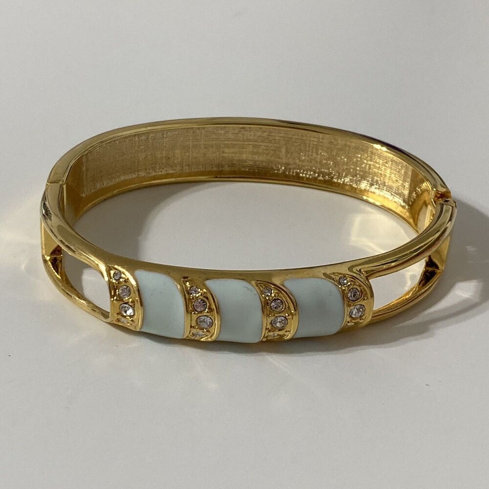 Gold Tone Metal Mint Green Enamel Clear Rhinestone Cuff Bangle Bracelet